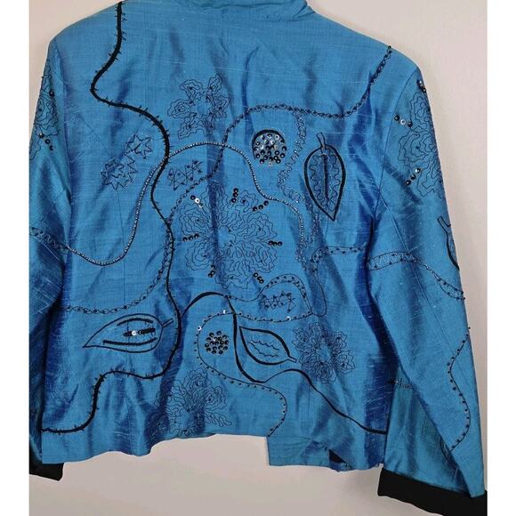 Vintage Bleu Bayou Sz L 100% Silk Jacket Teal Sequin Embroidered Black Glam - Picture 5 of 7